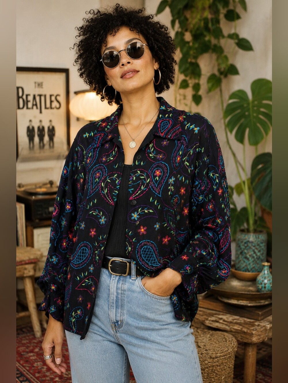 Vintage 80s Embroidered black Units Jacket Linen Cotton Blend Paisley Floral XL